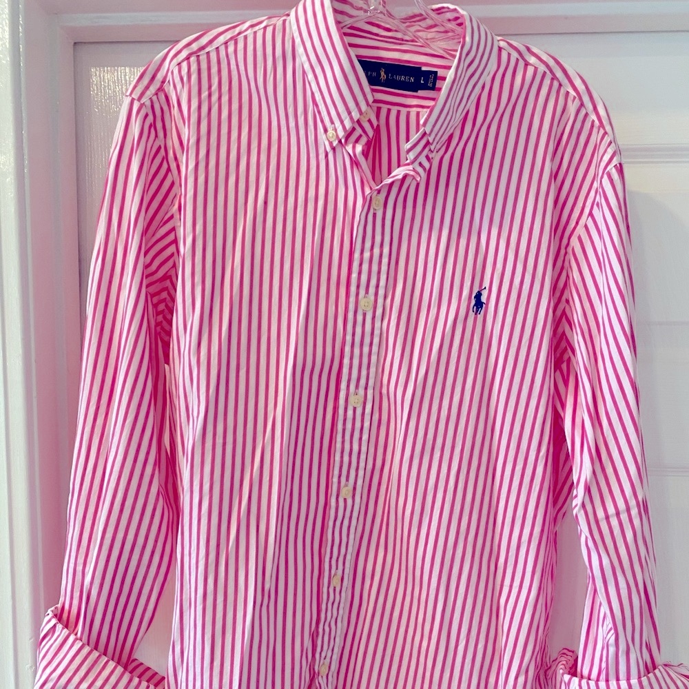 Pink striped Ralph Lauren button up shirt-large